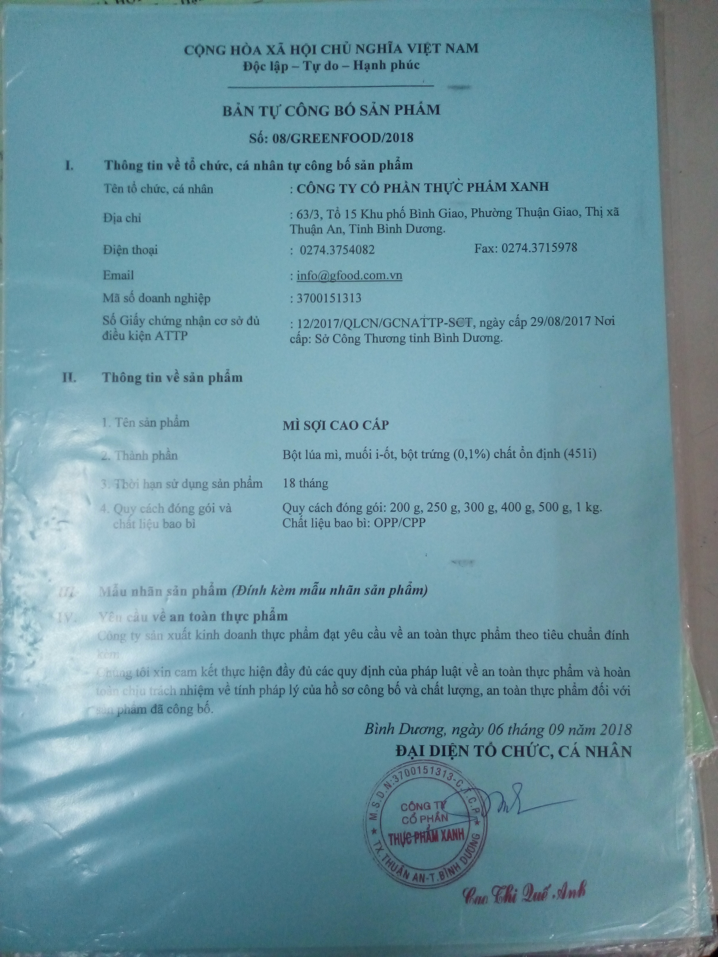 Bản công bố sản phẩm Mì sợi cao cấp